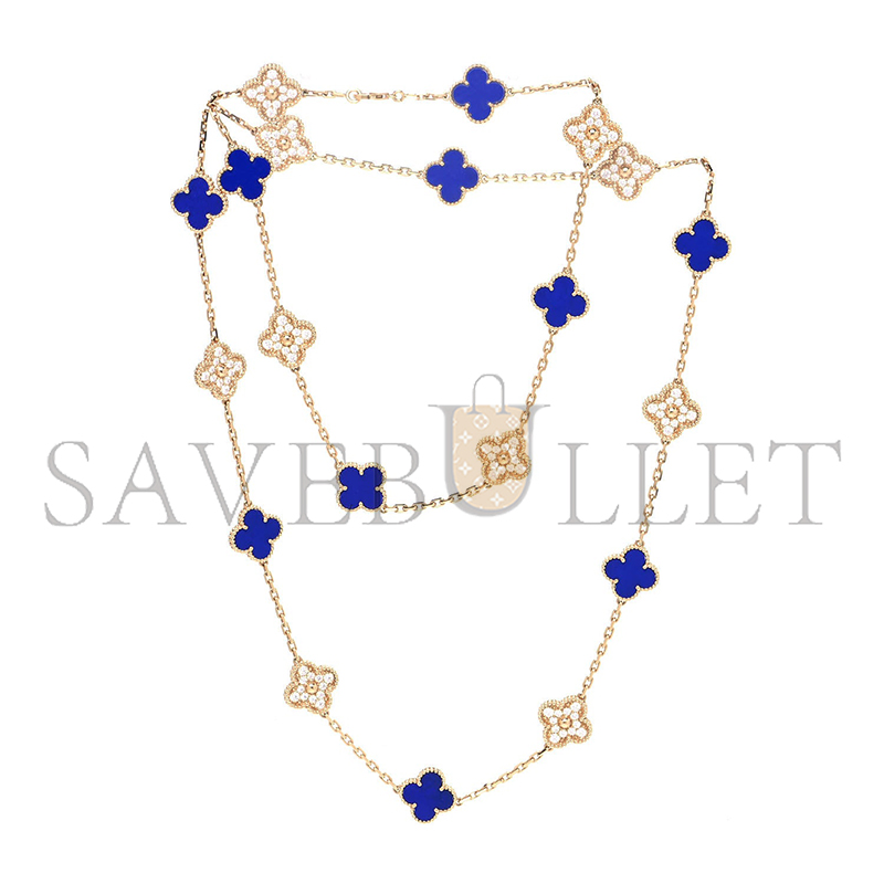 v*n cl**f arpels 18k yellow gold D1am0nd lapis 20 motifs vintage alhambra necklace